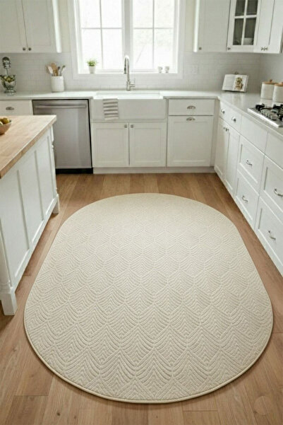 Raschel Carpet Yıkanabilir Oval Elips Leke Tutmaz Yaprak Emboss Krem Mutfak H...