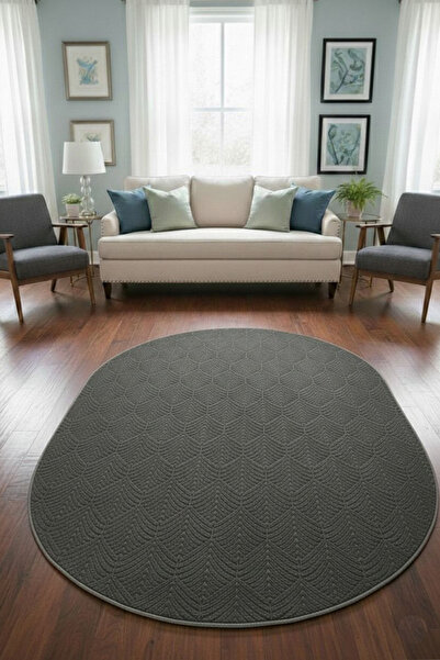 Raschel Carpet Premium Oval Yıkanabilir Leke Tutmaz Yaprak Emboss Koyu Gri Öz...