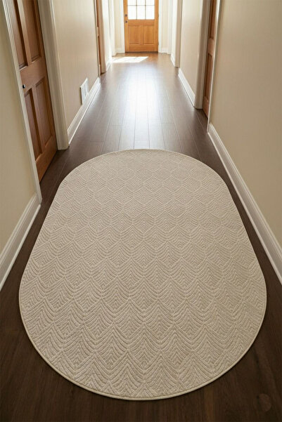 Raschel Carpet Yaprak Oval Krem Emboss Premium Seri Yeni Nesil Kaymaz Taban J...