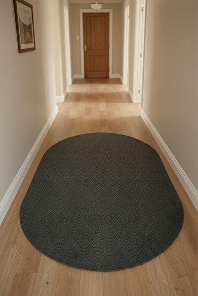 Raschel Carpet Yaprak Oval Koyu Gri Emboss Premium Seri Yeni Nesil Kaymaz Tab...