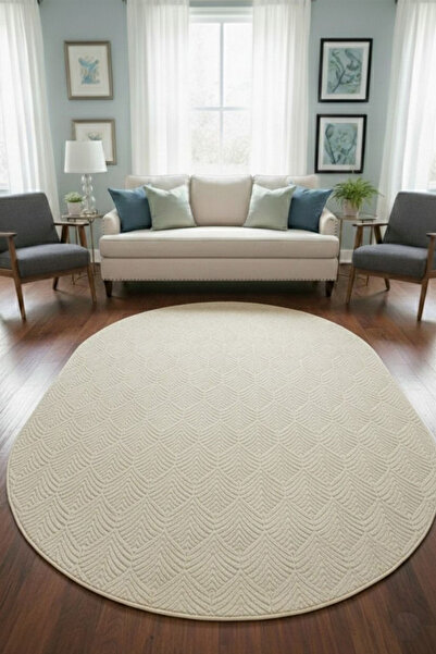 Raschel Carpet Premium Oval Yıkanabilir Leke Tutmaz Yaprak Emboss Krem Özel S...