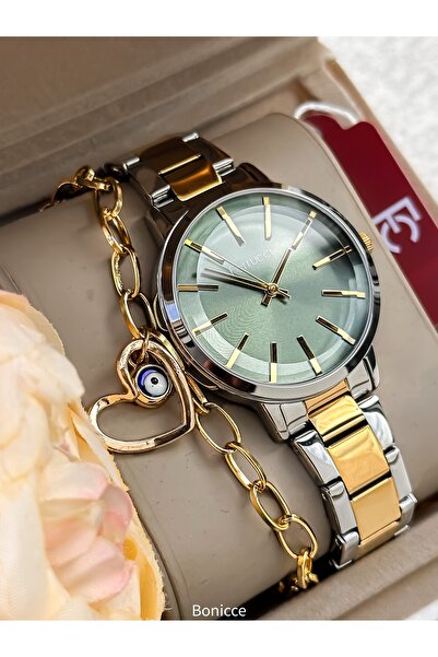 Ferrucci Marka Çelik Kordon Sarı Renk Yeşil Kadran Kadın Kol Saati + Nazar Bo...