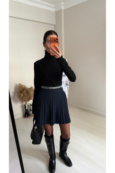 NK Dark Blue High Waist Writing Detail Pleated Skirt / Tennis Club Collection
