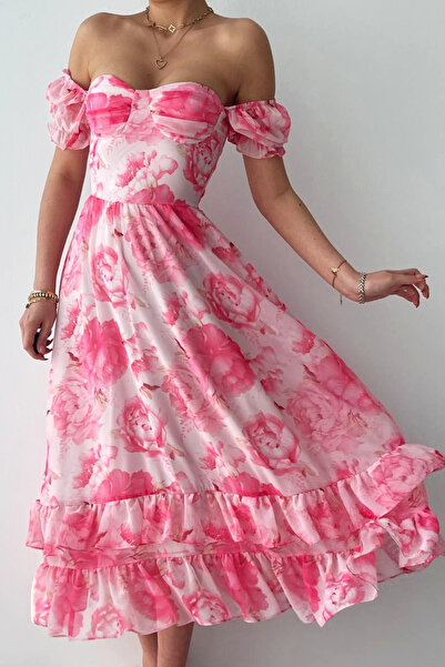 Özel Tasarım Rochie din șifon cu volane și căptușeală cu imprimeu floral