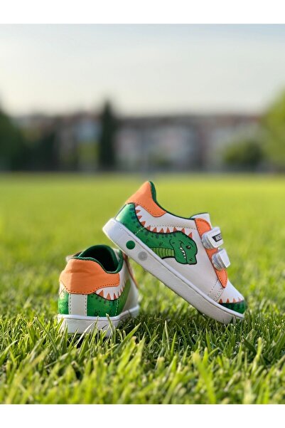 MİDDO KİDS Ortopedik Beyaz Yeşil Dino Işıklı Bebek Spor Ayakkabı