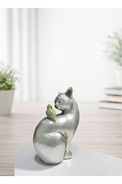 TEZ Dekoratif-KUŞLU KEDİ-Gümüş Renkli Aksesuar Biblo
