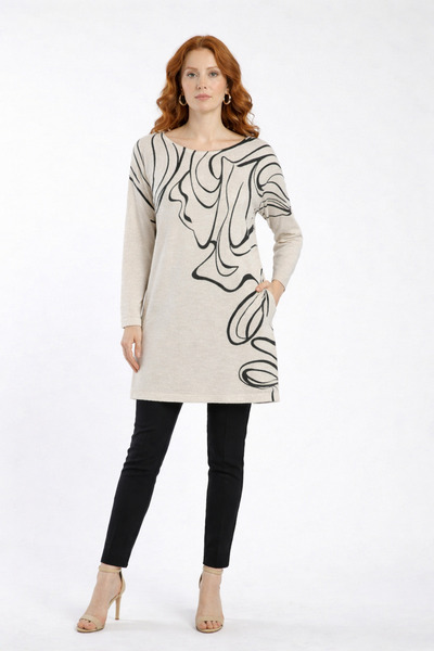 Neden Tekstil Crew Neck Patterned Knitwear Tunic with Pockets