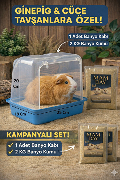 Mam Day Ginepig - Cüce Tavşan Banyo Kumu 2 Kg. ve Büyük Boy Banyo Kabı Kemirg...