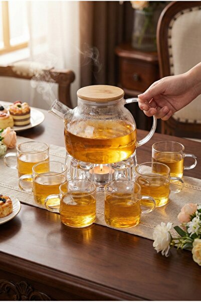 Vivien Home Isıya Dayanıklı 1000 ml Süzgeçli Cam Demlik 6adet Kupa Bardak Bor...