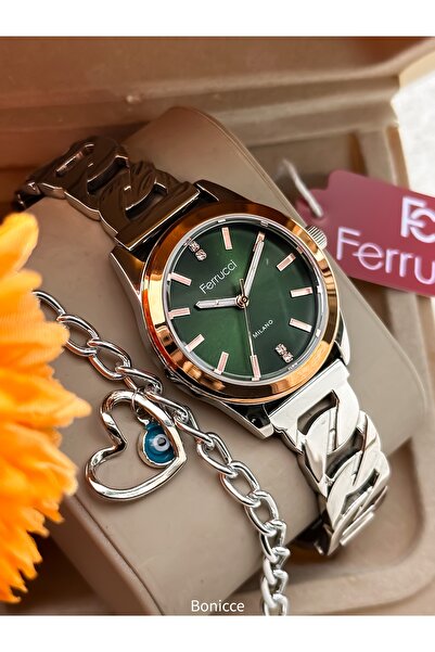 Ferrucci Çelik Kordon Gümüş Yeşil Renk, Kadın Kol Saati Bileklik Hediyeli