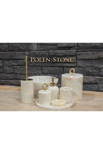 Polen Stone ® Şeker Mermer Gold Halka Aksesuarlı 8’li Banyo Seti