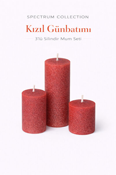 KORIXA Spectrum Collection Kızıl Günbatımı 3’lü Dokulu Silindir Mum Seti (Kır...