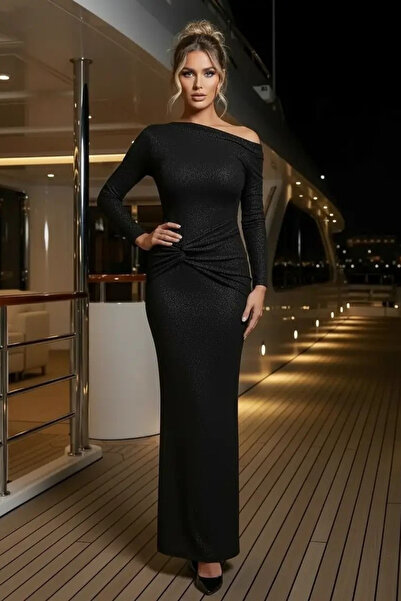 Afitapbutikmoda Tek Omuz Büzgülü Işıltılı Strech Uzun Elbise