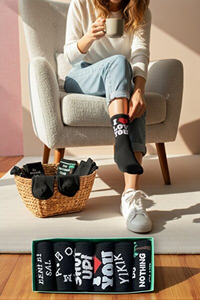 Esinti 6 Çift Yazı Desenli Pamuklu Siyah Kolej Çorap –Unisex Kadın Erkek Çora...