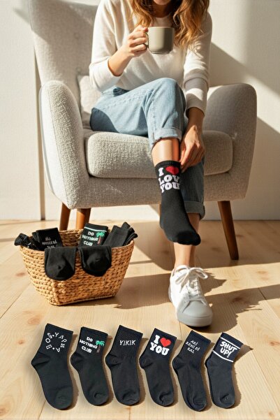 Esinti 6 Çift Yazı Desenli Pamuklu Siyah Kolej Çorap –Unisex Kadın Erkek Çora...