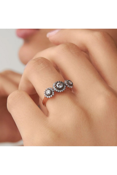 Siset Gümüş 925 Ayar Rose Kaplama Elmas Montür Üç Taşlı Gümüş Yüzük