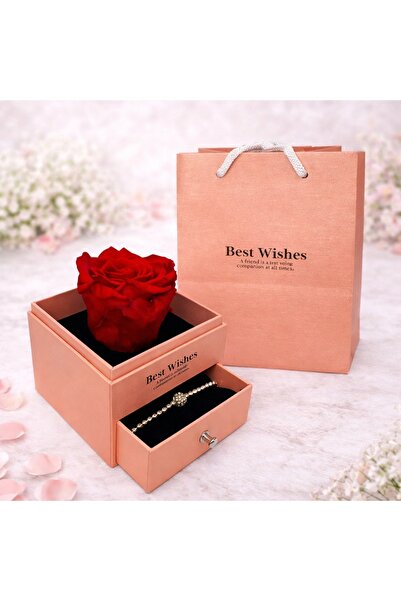 velve Trandafir criogenat in cutiuta somon, cu sertar si bratara, rosu, Rosu