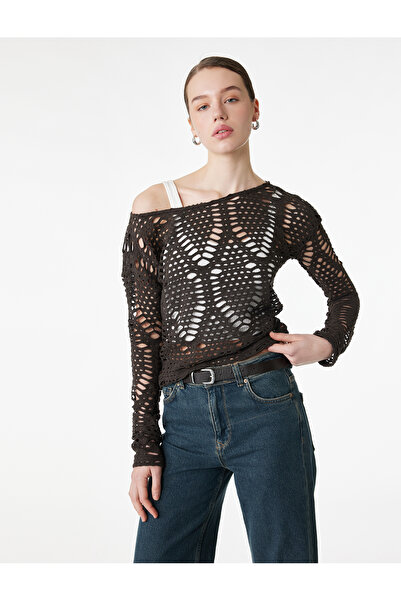 Koton Μακρυμάνικο μπλουζάκι με φαρδιά στρογγυλή λαιμόκοψη και κροσέ