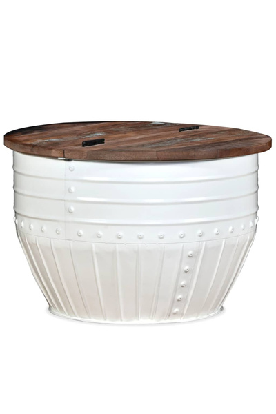 Concept Masă de cafea albă în formă de butoi, realizată din lemn masiv reciclat