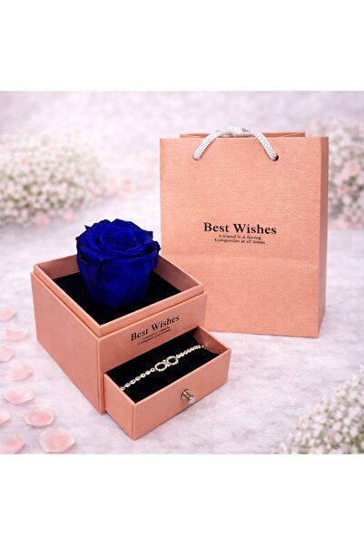 velve Cryogenic rose in salmon box, with drawer and bracelet, navy blue