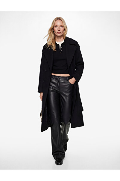 Koton Uzun Kollu Cepli Kruvaze Düğmeli Kemerli Kaşe Kaban