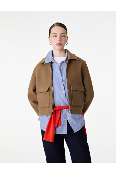 Koton Crop Cashmere Jacket with Zipper Pocket