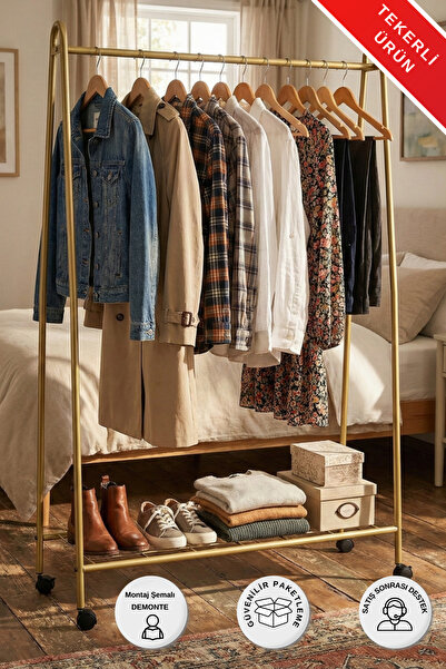 Metaliz Gold Tekerli Metal Elbise Askılığı Taşınabilir ve Dayanıklı Raflı Giy...