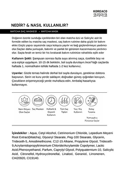 KOREACO Matcha Therapy Mucize Saç Maskesi | Güçlendirici Parlaklık Verici İpeksi Yumuşaklık 200 ml