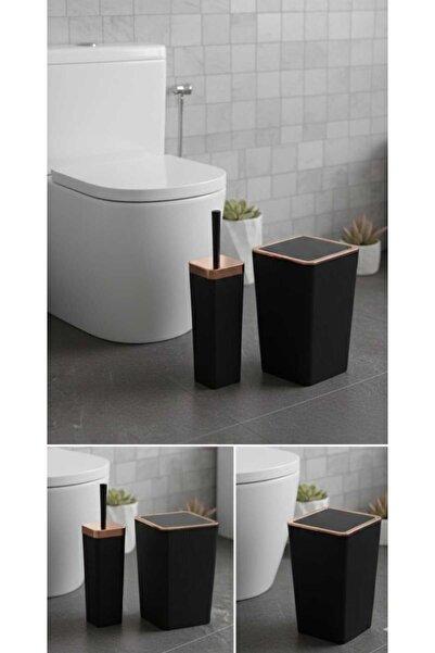 sitil eviniz Siyah - Altın Kare WC Kağıtlığı Tuvalet Fırçalığı Çöp Kovası Set...