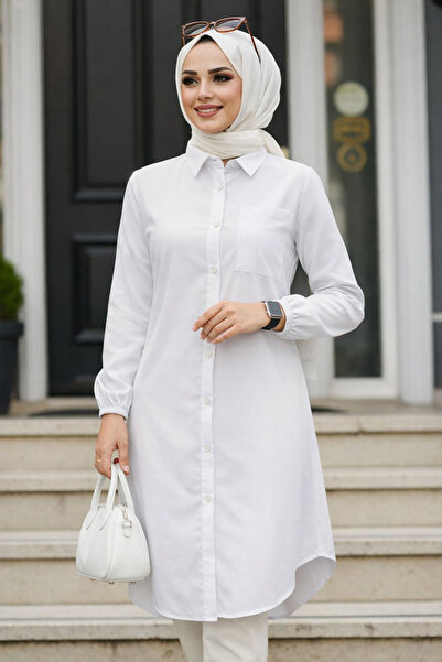 N.S NEVA STYLE Buttoned White Hijab Tunic 30293B
