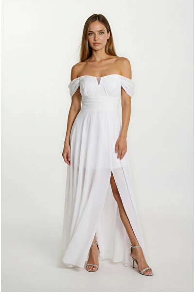 Spazio Cliceria U Yaka Beli Drapeli Yırtmaçlı Uzun Abiye Elbise EKRU