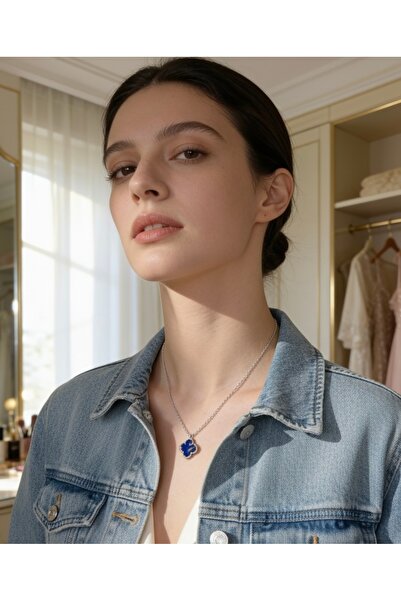ZEY 925 Ayar Gümüş Takı Lacivert Yonca Kadın Hediyelik Kolye