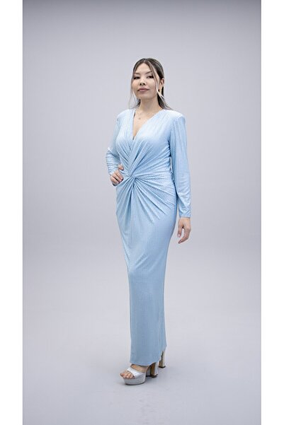 CAREZZA Starlight - Drapeli Taşlı Likralı Mavi Abiye