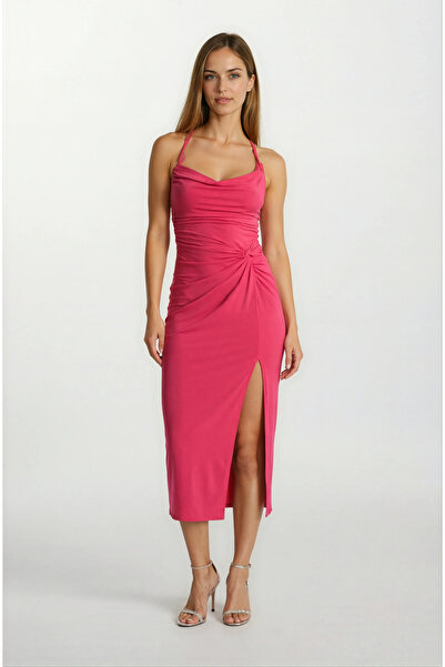 Spazio Perabo Degaje Yaka Bel Düğümlü Yırtmaçlı Uzun Abiye Elbise FUŞYA