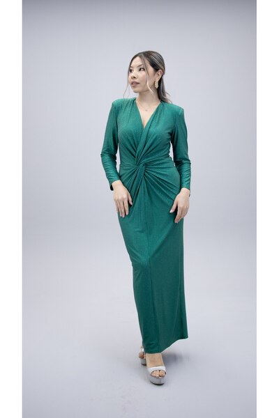 CAREZZA Starlight - Drapeli Taşlı Likralı Zümrüt Abiye