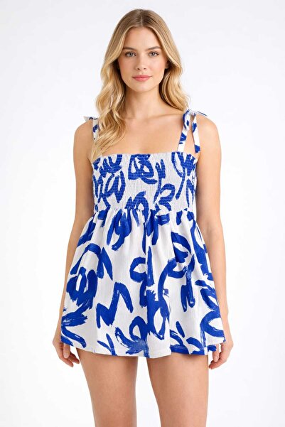 Kutaf Μπλε και λευκό μίνι φόρεμα με μοτίβο και τιράντες, καλοκαιρινό γυναικεί...