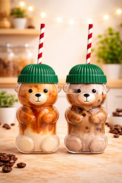 özkurt ticaret Ayıcıklı Cam Barista Soğuk İçecek Bardağı 550 ml – Yeşil Kapak...