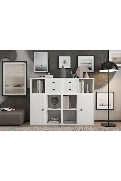 Nettrends 2 Kapaklı Çekmeceli Raflı Kitaplık 130 Cm Beyaz Ktp-1100-ç