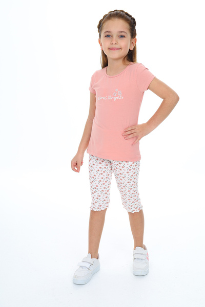 Toontoy Girl's 2-Piece Set Printed Crew Neck T-Shirt & Elastic Waist Crop Leg...