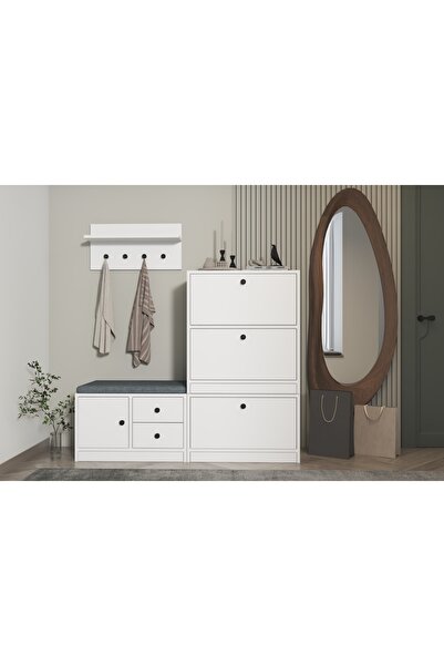 Nettrends Puflu Raflı Askılıklı Çekmeceli Beyaz Vestiyer Çıtasız 130 Cm Vst-1...