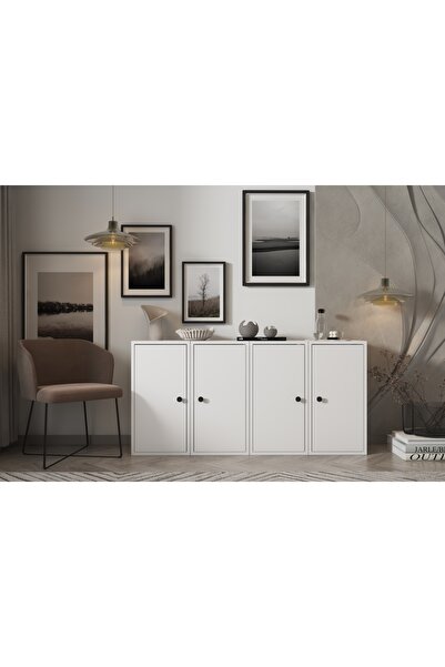 Nettrends Dört Kapaklı Raflı Beyaz Konsol Çıtasız Kns-1170-ç