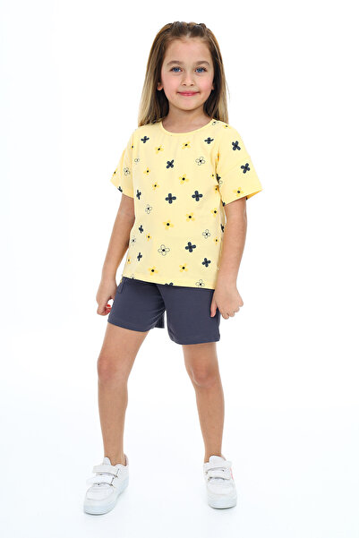 Toontoy Girl's 2-Piece Set Printed Crew Neck T-Shirt & Pocket Shorts with Ela...