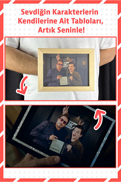 Frex Store Avengers Yenilmezler Tony Stark & Peter Parker Ahşap Çerçeveli Tab...