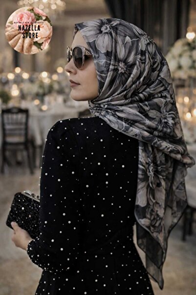 Nazellaa Dijital Siyah Detaylı Lilyum Soft Kraş Şal