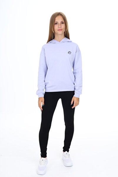 Toontoy Girl's 2-Piece Set Printed Hooded Off-Shoulder Sweatshirt & Basic Pla...