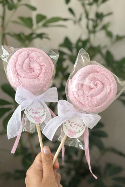 S&R 5 Adet Bebek Hediyelik Lolipop Görünümlü Havlu Pembe Welcome Baby İngiliz...