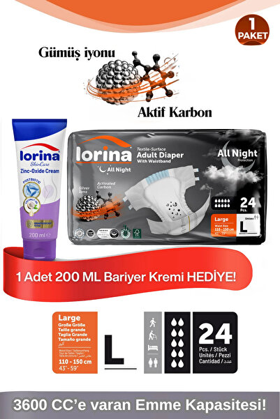 LORİNA Aktif Karbon & Gümüş iyon destekli Bel Bantlı Hasta Bezi Large 24’lü B...