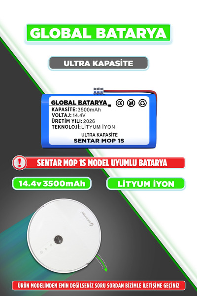 GLOBAL BATARYA Sentar Mop 1S Akıllı Robot Süpürge Bataryası 14.4V 3500mAh Pil...