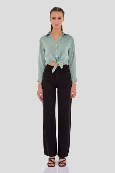 DRC trend بنطلون جينز فضفاض عالي الخصر من الليكرا الأسود غير الباهت. (مرتفع ل...