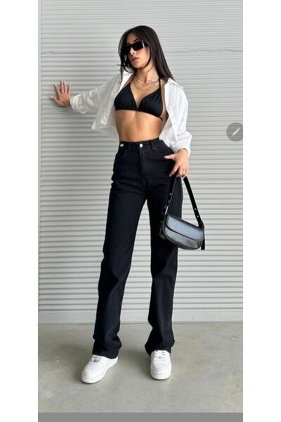 DRC trend Crne super Visok struk široke Sa likrom Denim farmerke - Palazzo pa...